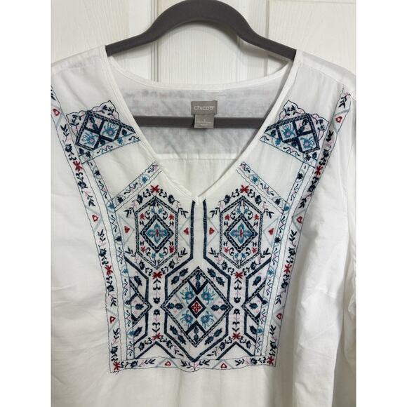 Chico’s White Embroidered 3/4 Sleeve Tunic Top Size 3 XL 16/18 Boho Cotton - Picture 4 of 8
